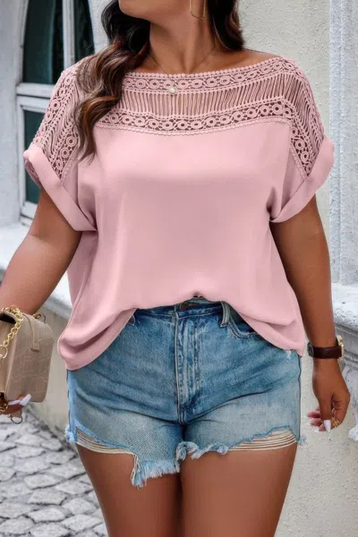 Truedames Lace Plus Pattern Printed Batwing Sleeve Blouse In Pink