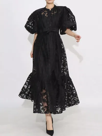 Truedames Lace Puff Sleeve Tie Waist Maxi Dress In Black