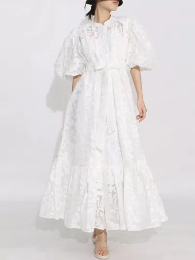 Truedames Lace Puff Sleeve Tie Waist Maxi Dress In White