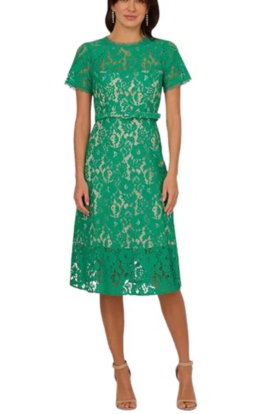 Truedames Lace Round Neckline Short Sleeves Cinched Waist Belt A-line Midi Dress In Green