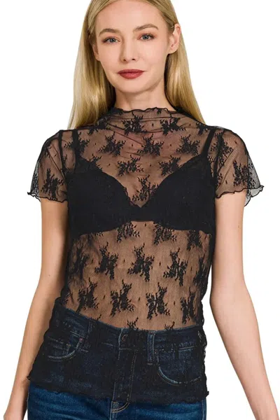 Truedames Lace See-through Layering Short Sleeve Top In Black