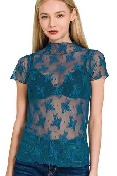 Truedames Lace See-through Layering Short Sleeve Top In Green