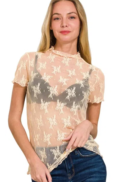 Truedames Lace See-through Layering Short Sleeve Top In Neutral