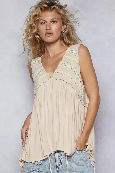 Truedames Lace Trim Babydoll Sleeveless Top With Ruffled And Raw Edge Detail In Neutral