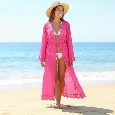 Truedames Lace Trim Elastic Waist Long Sheer Beach Cover Up Poncho In Pink