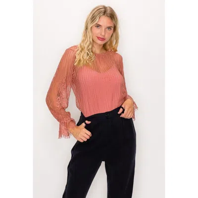Truedames Lace Trim Shadow Stripe Bodysuit In Pink