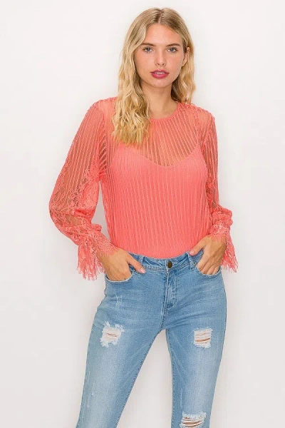 Truedames Lace Trim Shadow Stripe Bodysuit In Pink