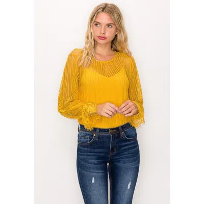 Truedames Lace Trim Shadow Stripe Bodysuit In Yellow