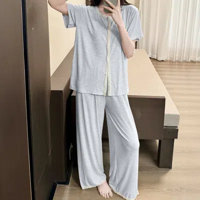 Truedames Lace Trim Short Sleeves Top Pants Loungewear Pajama Set In Blue