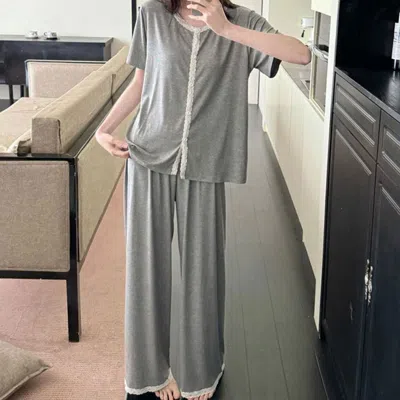 Truedames Lace Trim Short Sleeves Top Pants Loungewear Pajama Set In Gray