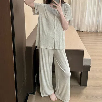 Truedames Lace Trim Short Sleeves Top Pants Loungewear Pajama Set In Neutral