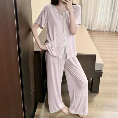 Truedames Lace Trim Short Sleeves Top Pants Loungewear Pajama Set In Pink