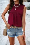 Truedames Crew Neck Swiss Dot Smocked Ruffled Loose Blouse In Pink