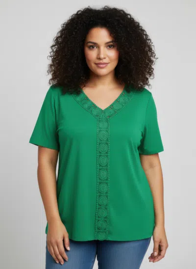 Truedames Lace Trim V-neck Short Sleeve Knit Top In Green