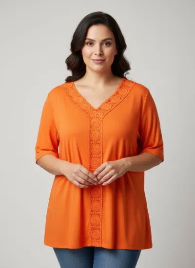 Truedames Lace Trim V-neck Short Sleeve Knit Top In Orange