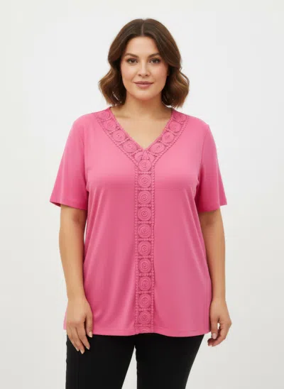 Truedames Lace Trim V-neck Short Sleeve Knit Top In Pink