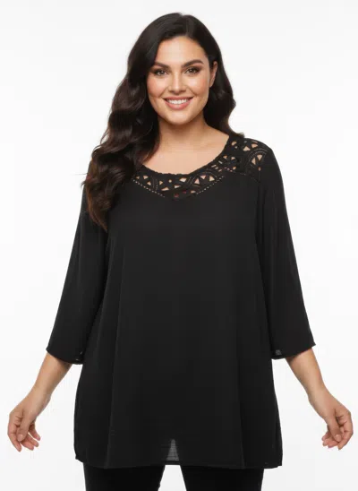 Truedames Lace Yoke Bell Sleeve Knit Tunic In Black
