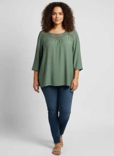 Truedames Lace Yoke Bell Sleeve Knit Tunic In Green