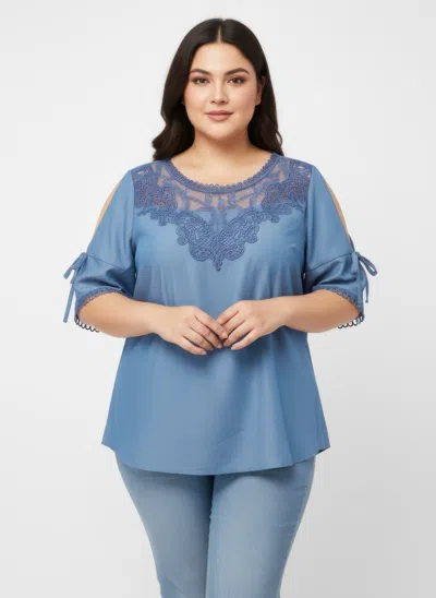 Truedames Lace Yoke Cold-shoulder Tie Sleeve Knit Top In Blue