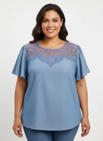 Truedames Lace Yoke Flutter Sleeve Knit Top In Blue
