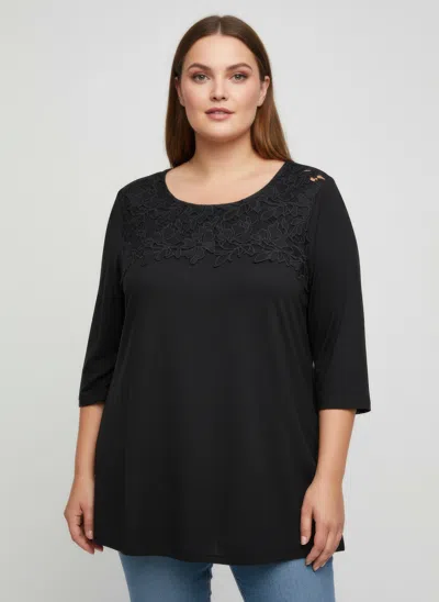 Truedames Lace Yoke Three-quarter Sleeve Knit Top In Black