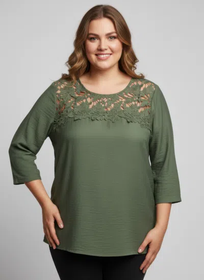 Truedames Lace Yoke Three-quarter Sleeve Knit Top In Green