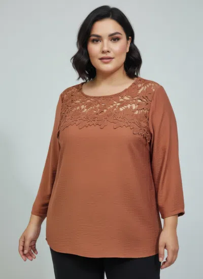 Truedames Lace Yoke Three-quarter Sleeve Knit Top In Multi