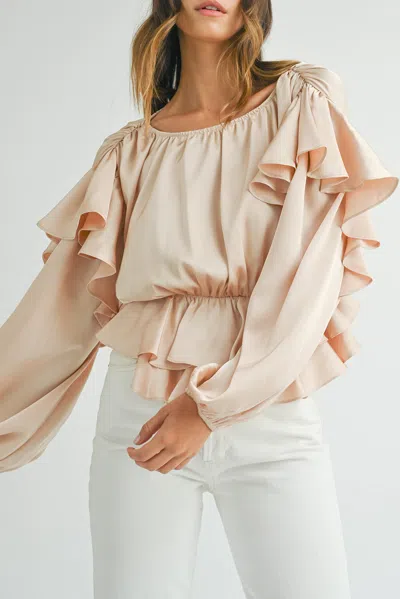 Truedames Lace-up Keyhole Back Ruffled Peplum Blouse In Beige