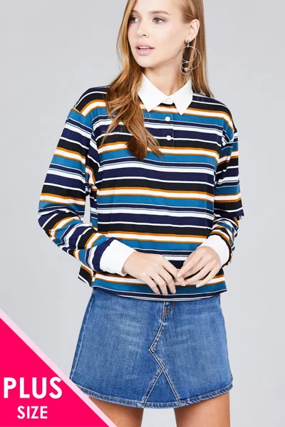 Truedames Ladies Fashion Plus Size Long Sleeve Multi Striped Dty Brushed Shirts In Blue