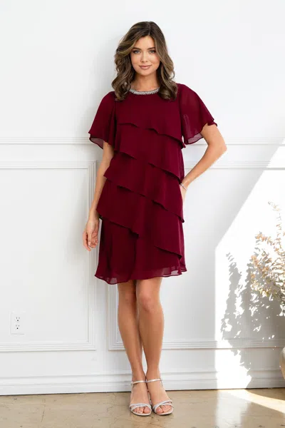 Truedames Layered Chiffon Cocktail Dress With Flutter Sleeves & Beaded Neckline In Red