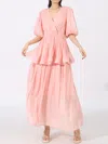 Truedames Layered Surplice Puff Sleeve Maxi Dress In Pink