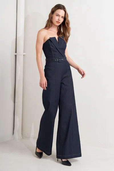 Truedames Le Bonheur V Cut Vow Denim Jumpsuit In Blue