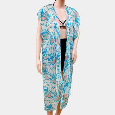 Truedames Leaf Pattern Short Sleeve Long Cardigan In Blue