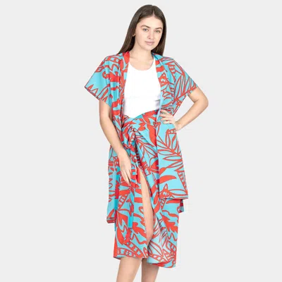 Truedames Leaf Patterned 28" X 34" Cover Up Kimono Poncho In Blue