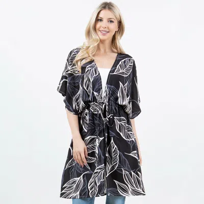 Truedames Leaf Print Drawstring Kimono Wrap Poncho In Black