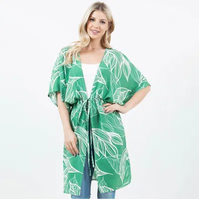 Truedames Leaf Print Drawstring Kimono Wrap Poncho In Green