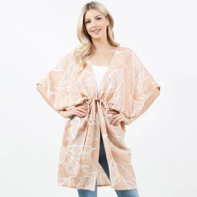 Truedames Leaf Print Drawstring Kimono Wrap Poncho In Nude