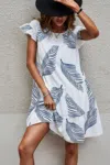Truedames Leaf Print Loose Fit Color Block Sleeves Ruffle Dress In White