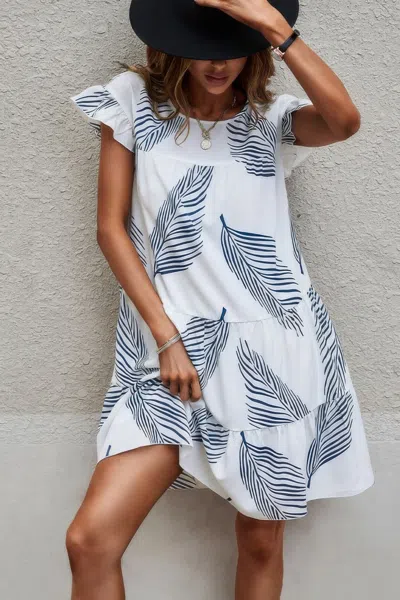 Truedames Leaf Print Loose Fit Color Block Sleeves Ruffle Dress In White