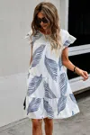 Truedames Leaf Print Loose Fit Color Block Sleeves Ruffle Dress In White