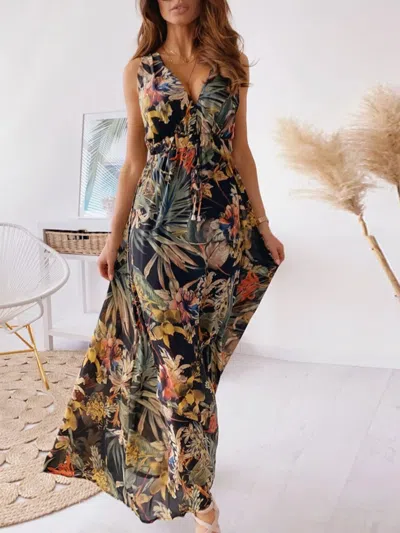 Truedames Leaf Print Sleeveless Maxi Dress In Multi