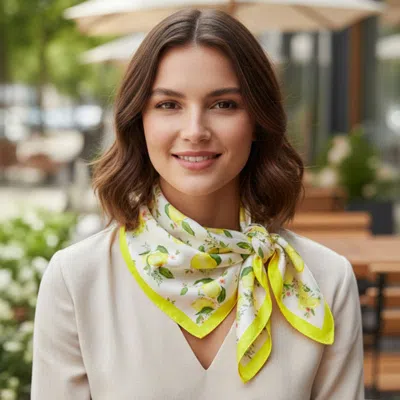 Truedames Lemon Pattern Printed Square Silky Satin Bandana Scarf In Green