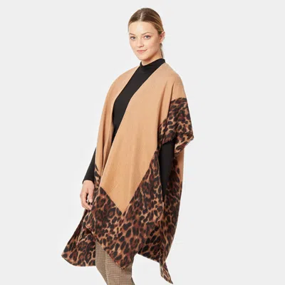 Truedames Leopard Border Cozy Kimono Poncho In Brown