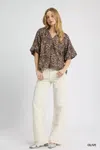 Truedames Leopard Bubble Sleeve Scalloped Hem Blouse In Gray
