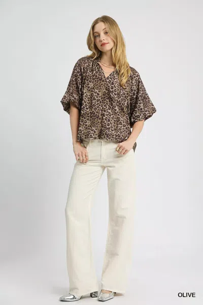 Truedames Leopard Bubble Sleeve Scalloped Hem Blouse In Gray