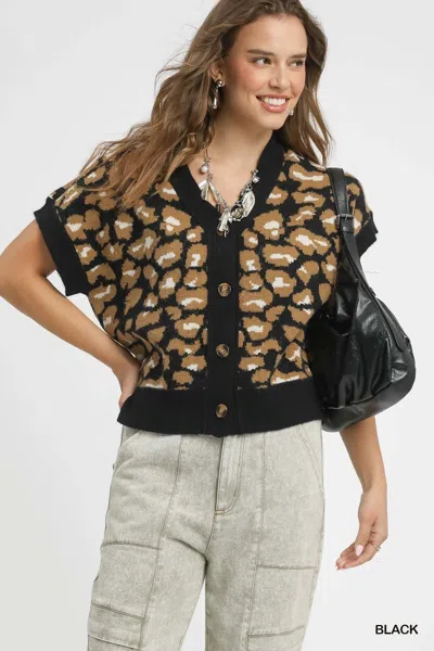 Truedames Leopard Button Down Short Sleeve Cardigan In Black