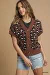 Truedames Leopard Button Down Short Sleeve Cardigan In Brown
