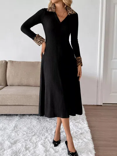 Truedames Leopard Cuff Johnny Collar Midi Dress In Black