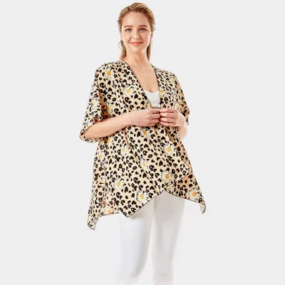 Truedames Leopard Pattern Daisy Flower Print Cover Up Kimono Poncho In Neutral