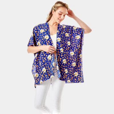 Truedames Leopard Pattern Daisy Flower Print Cover Up Kimono Poncho In Purple